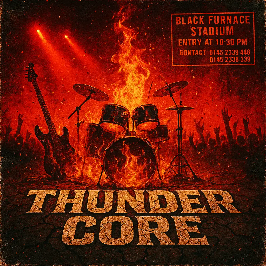 Explosive Rock Album Covers template with drums, fire, and crowd