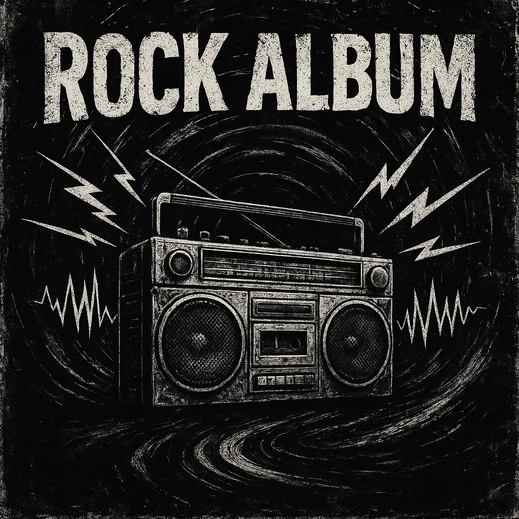 Rock Album Covers template with boombox, spiraling lines, and distressed text