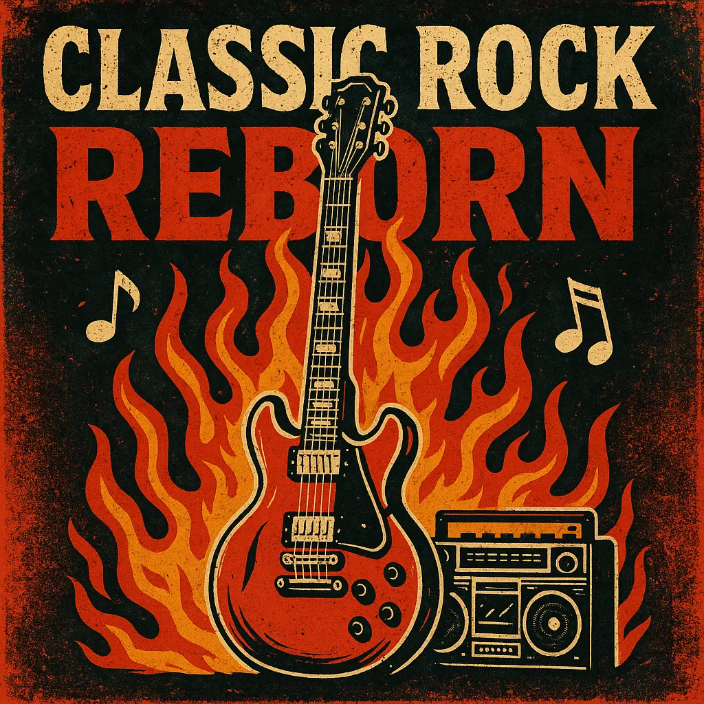 Rock Album Covers template with fiery guitar, bold typography, and vibrant colors
