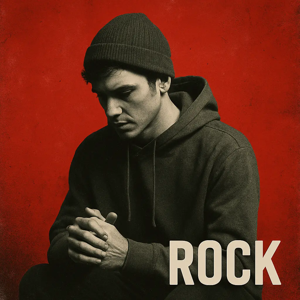 Rock Album Covers template featuring a contemplative young man with red background.