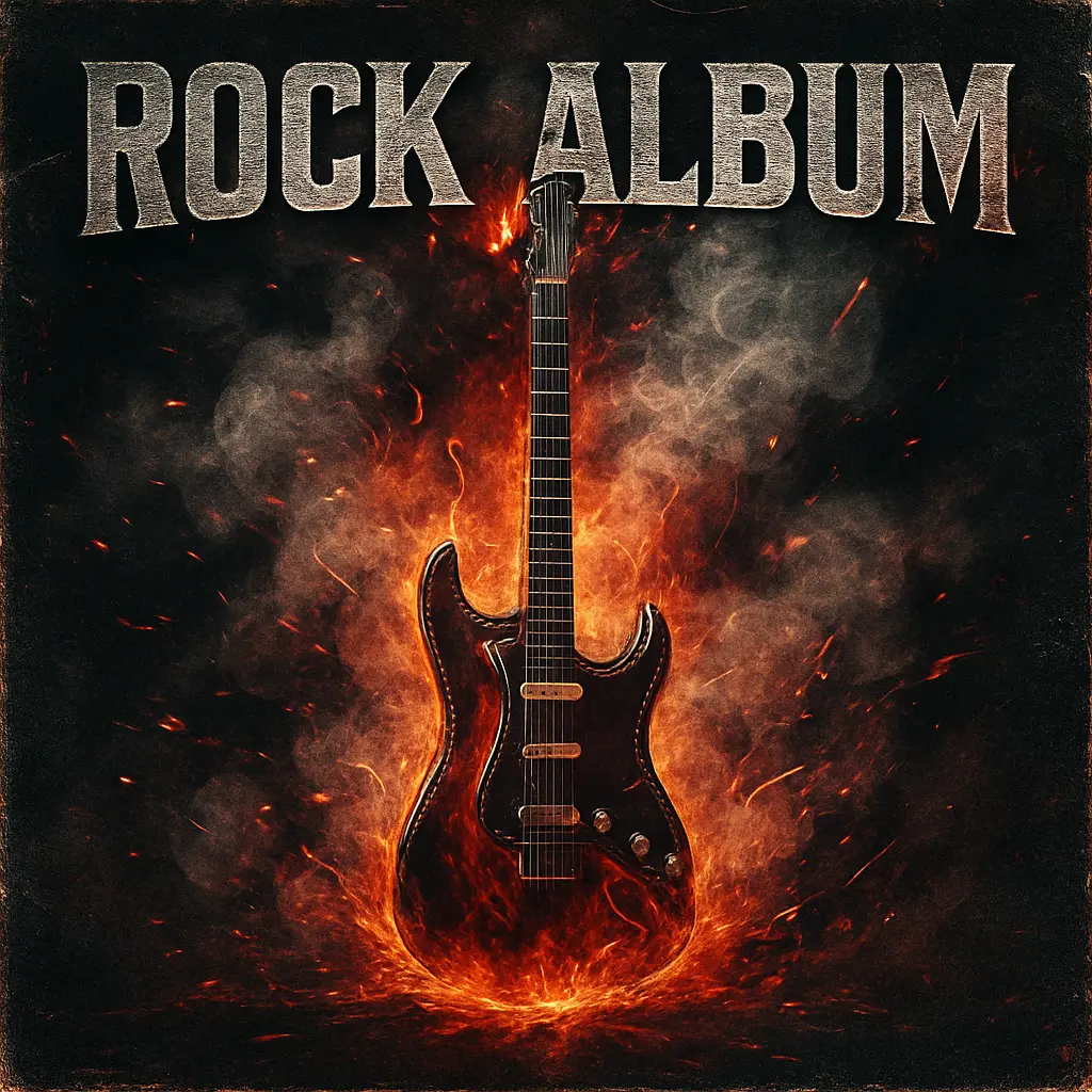 Rock Album Covers template with electric guitar, sparks, and smoke