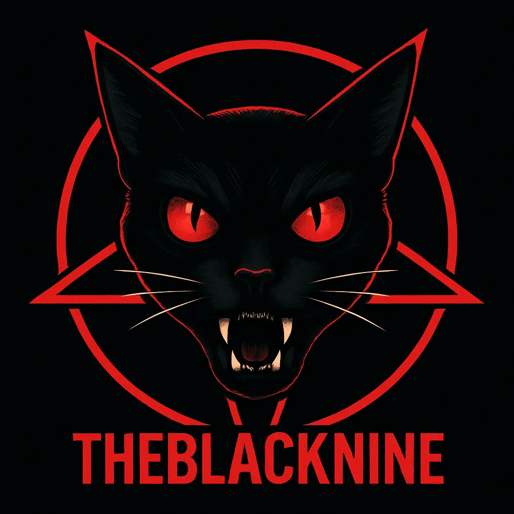 Rock Album Covers template featuring a stylized black cat within a pentagram