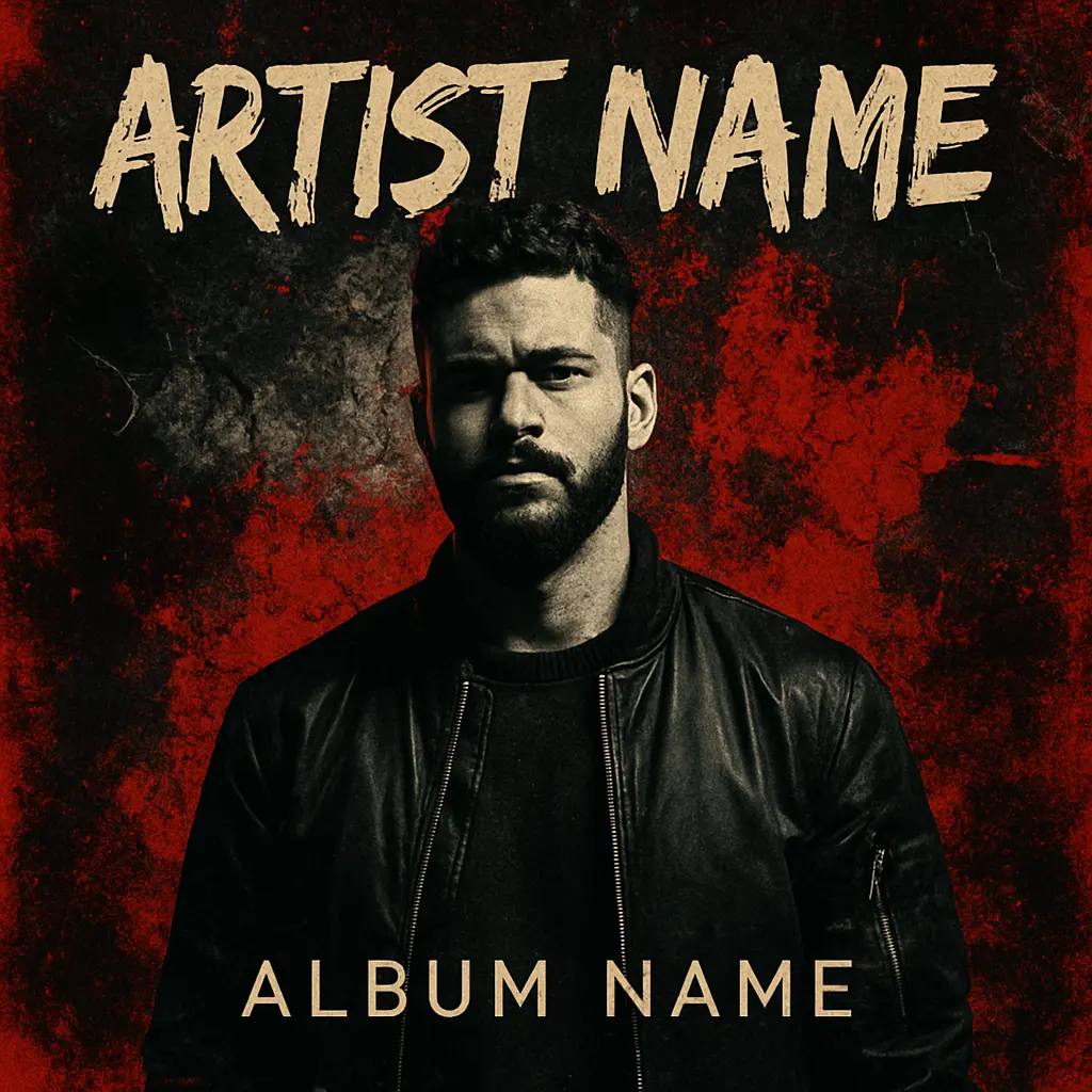 Rock Album Covers template featuring a man in a black bomber jacket against a grunge red and black textured background.