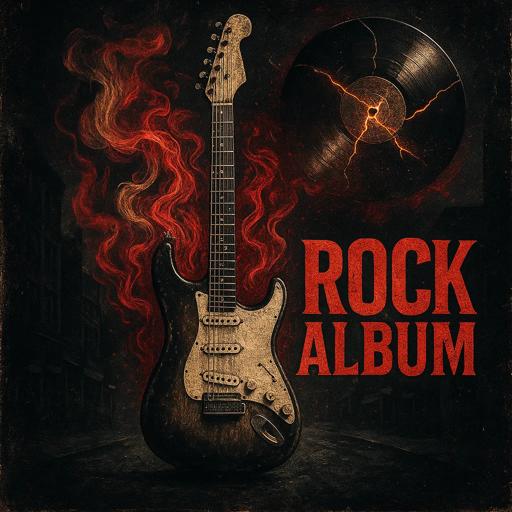 Rock Album Covers template with a vintage electric guitar surrounded by smoke