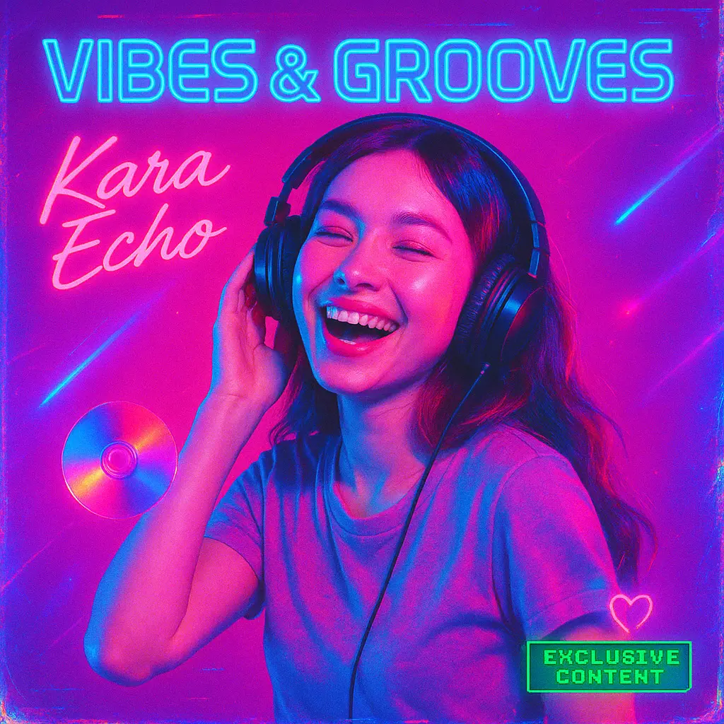 Pop Album Covers template featuring a smiling woman in neon colors and retro digital effects