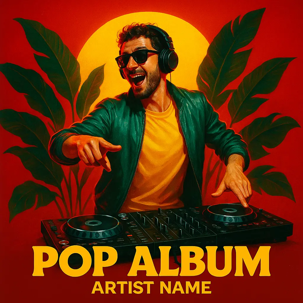 Pop Album Covers template featuring DJ in dynamic pose with vibrant background