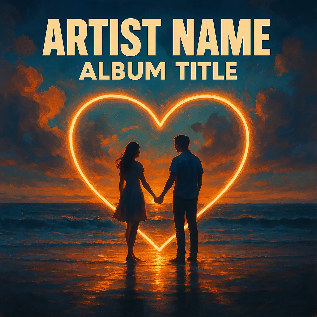 Couple in heart on sunset beach, Pop Album Covers template.
