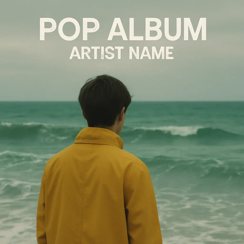 Pop Album Covers template featuring a person by the sea in a yellow jacket