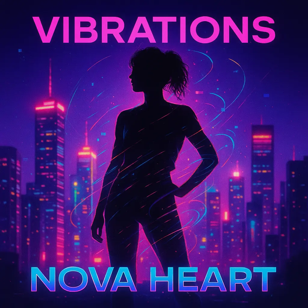 Pop Album Covers template featuring a neon-lit cityscape and modern artist silhouette.