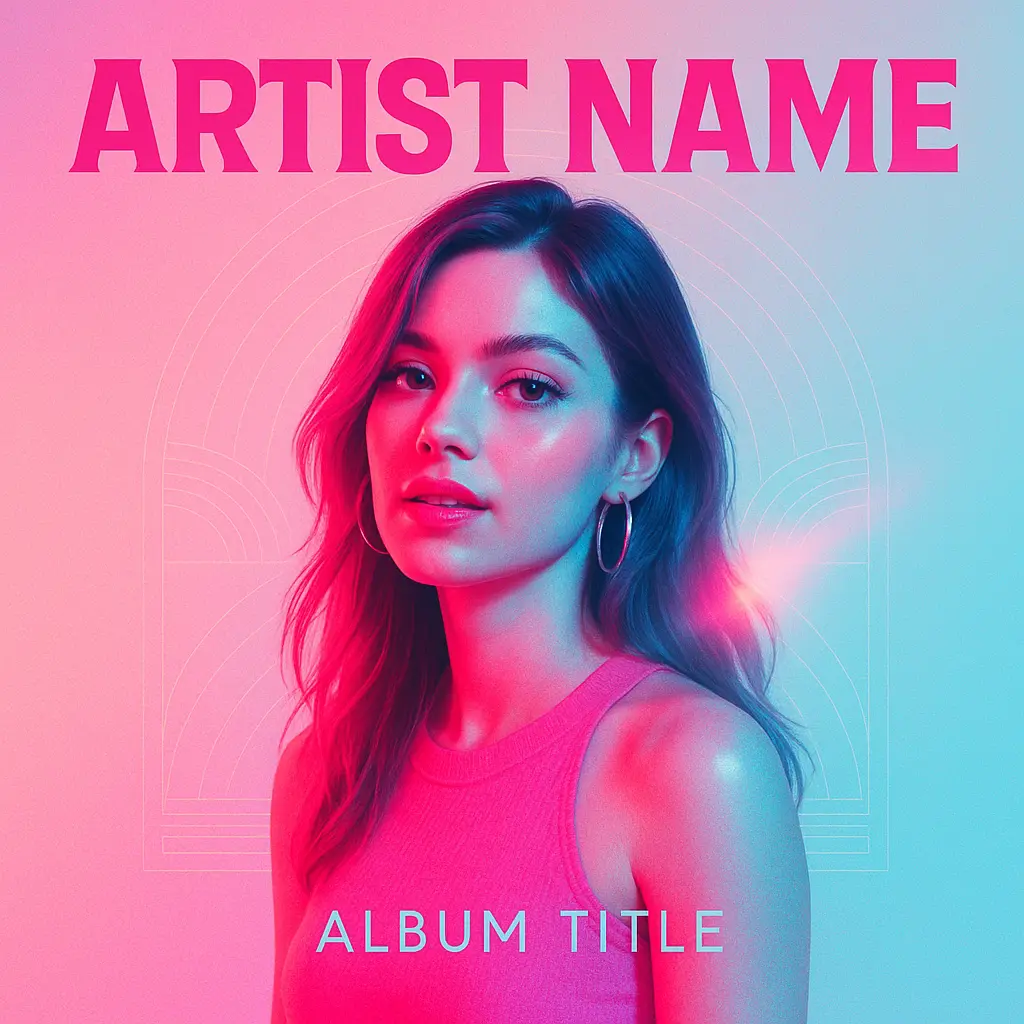 Pop Album Covers template featuring a vibrant portrait of a female artist in neon pinks and soft blues.