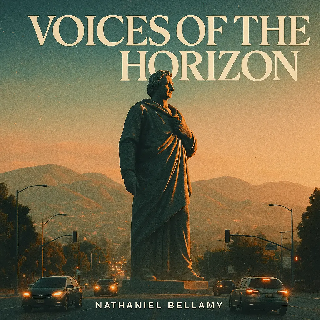 Pop Album Covers template with statue and cityscape in golden hour