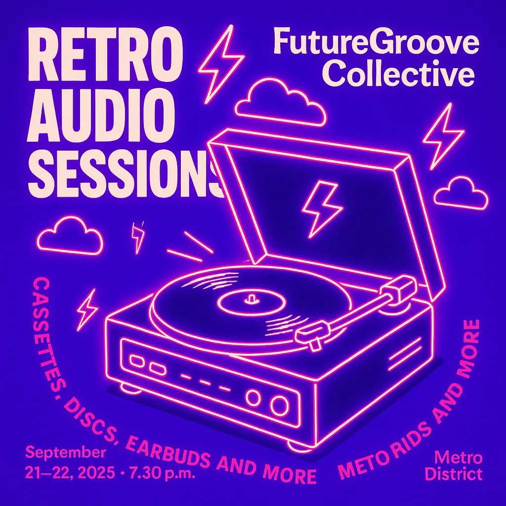 Pop Album Covers template with neon turntable on purple backdrop