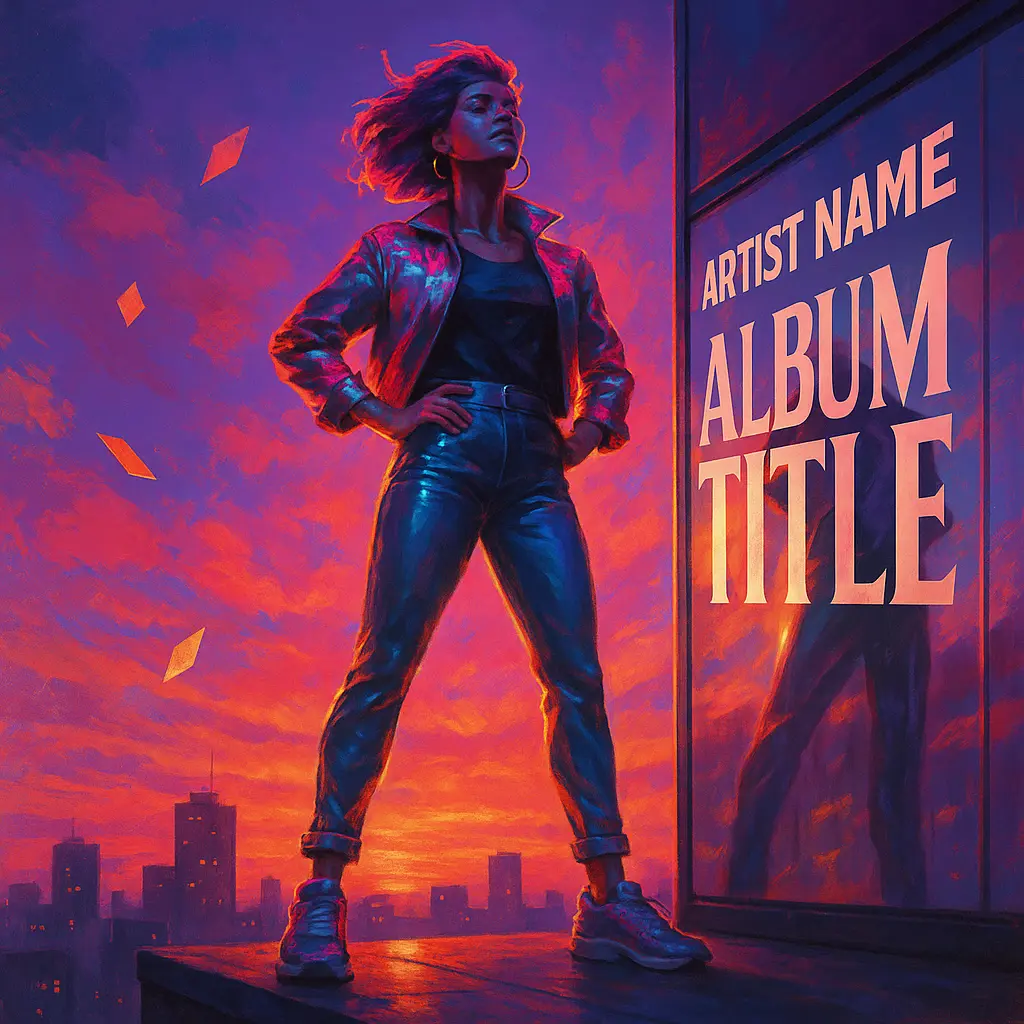Pop Album Covers template with dynamic figure on rooftop, vibrant sky, and bold typography