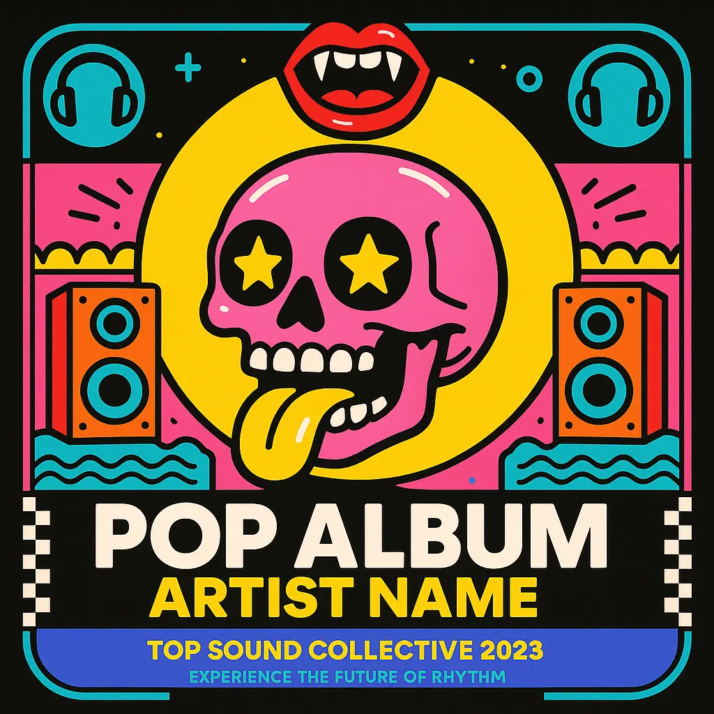 Colorful Pop Album Covers template with pink skull and bold text