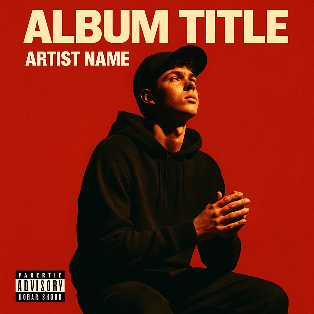 Pop Album Covers template with a young man in casual streetwear against a red background
