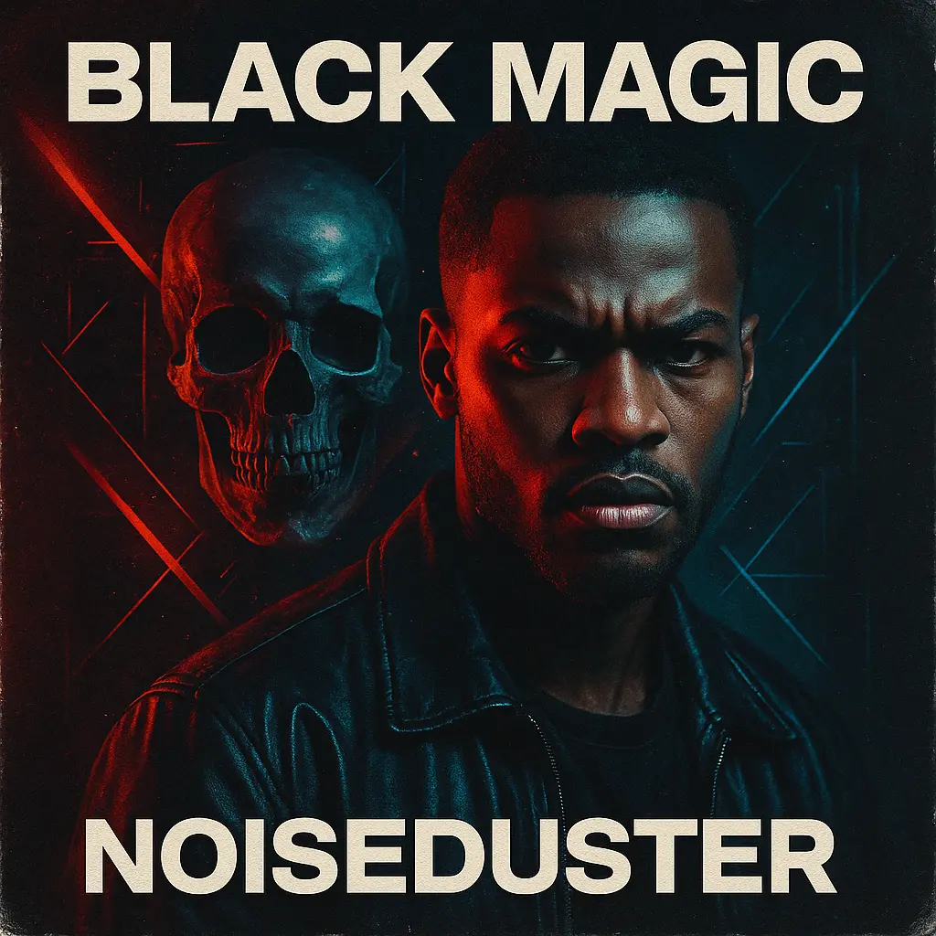 R&B Album Covers template featuring intense male artist with geometric shapes and bold red accents