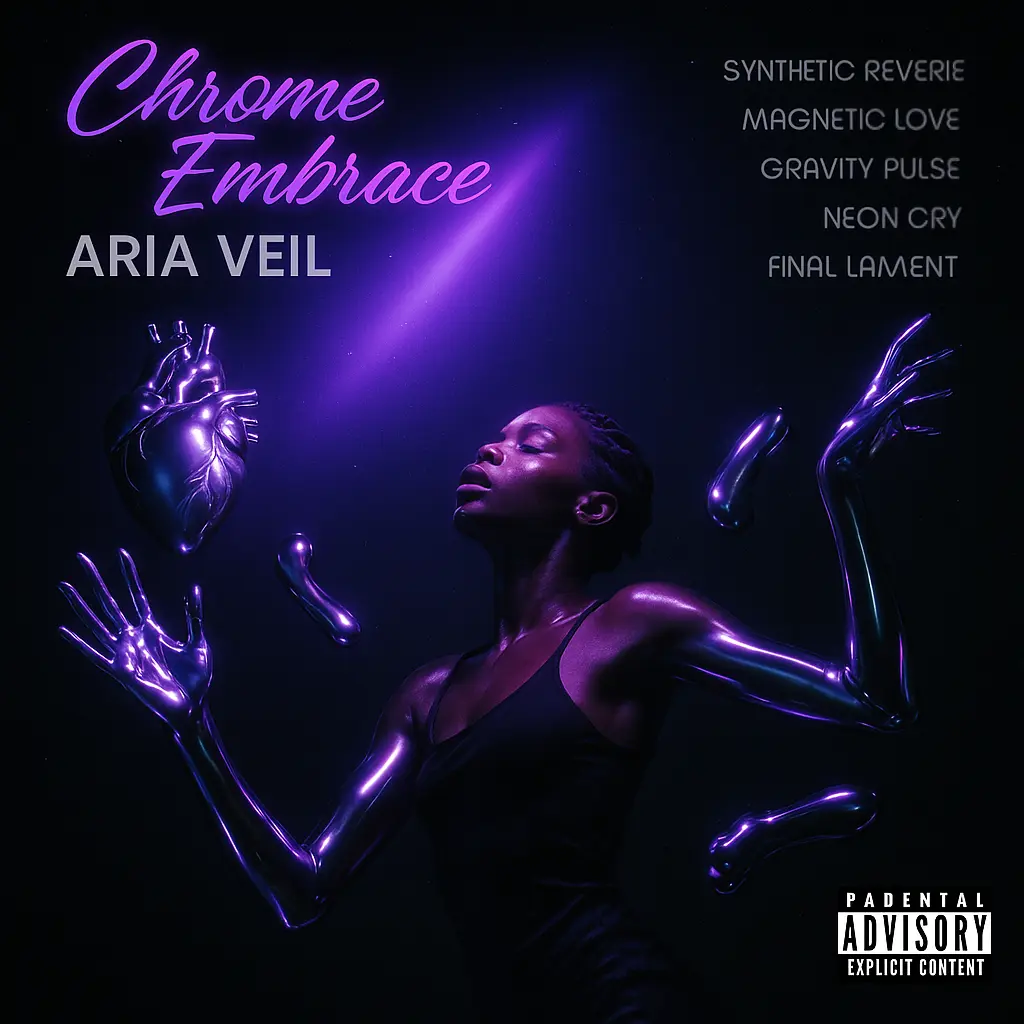 Futuristic R&B Album Covers template with chrome heart and neon glow
