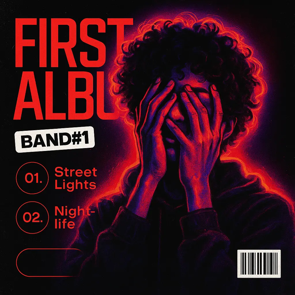 Mixtape Album Covers template with bold red and black design, featuring expressive portrait, neon glow, and tracklist.