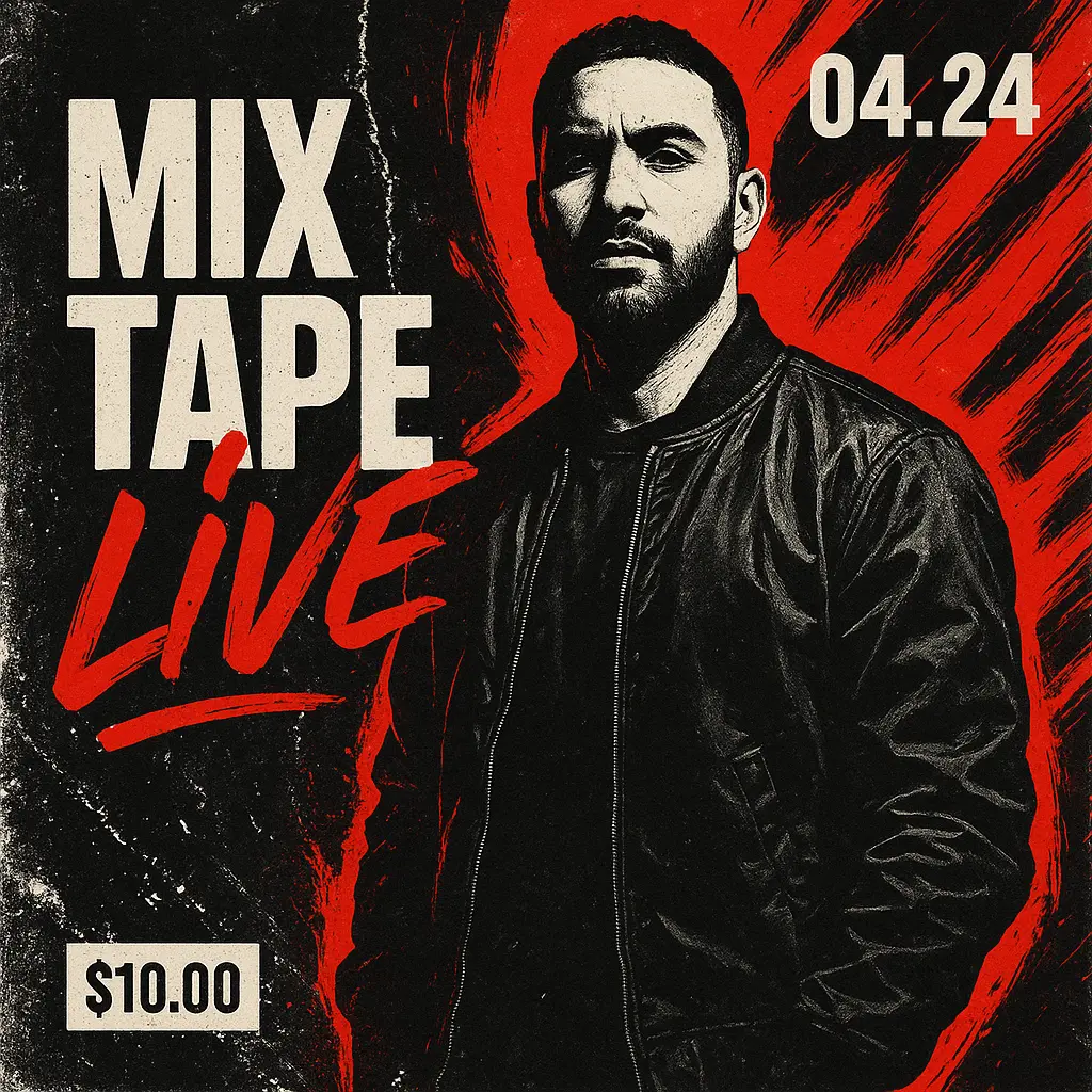 Mixtape Album Covers template featuring a man in a black jacket with bold typography and red accents