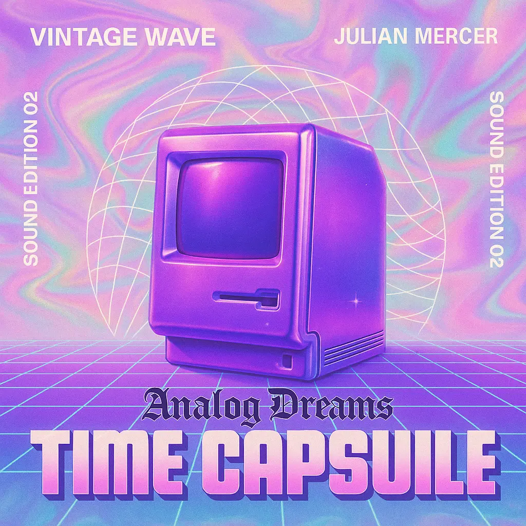 Retro mixtape album covers template with purple Mac and vaporwave theme