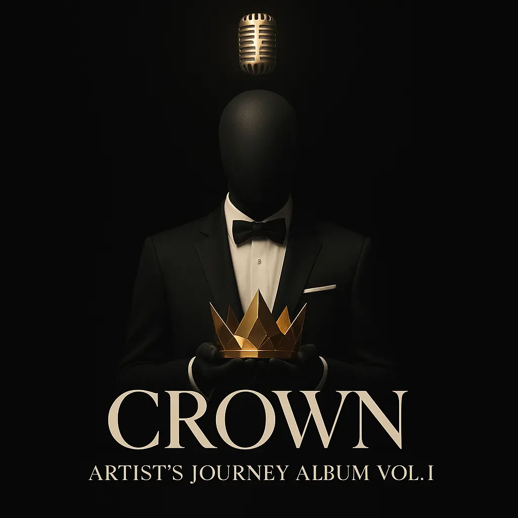 Mixtape Album Covers template featuring faceless mannequin, golden crown, vintage microphone.