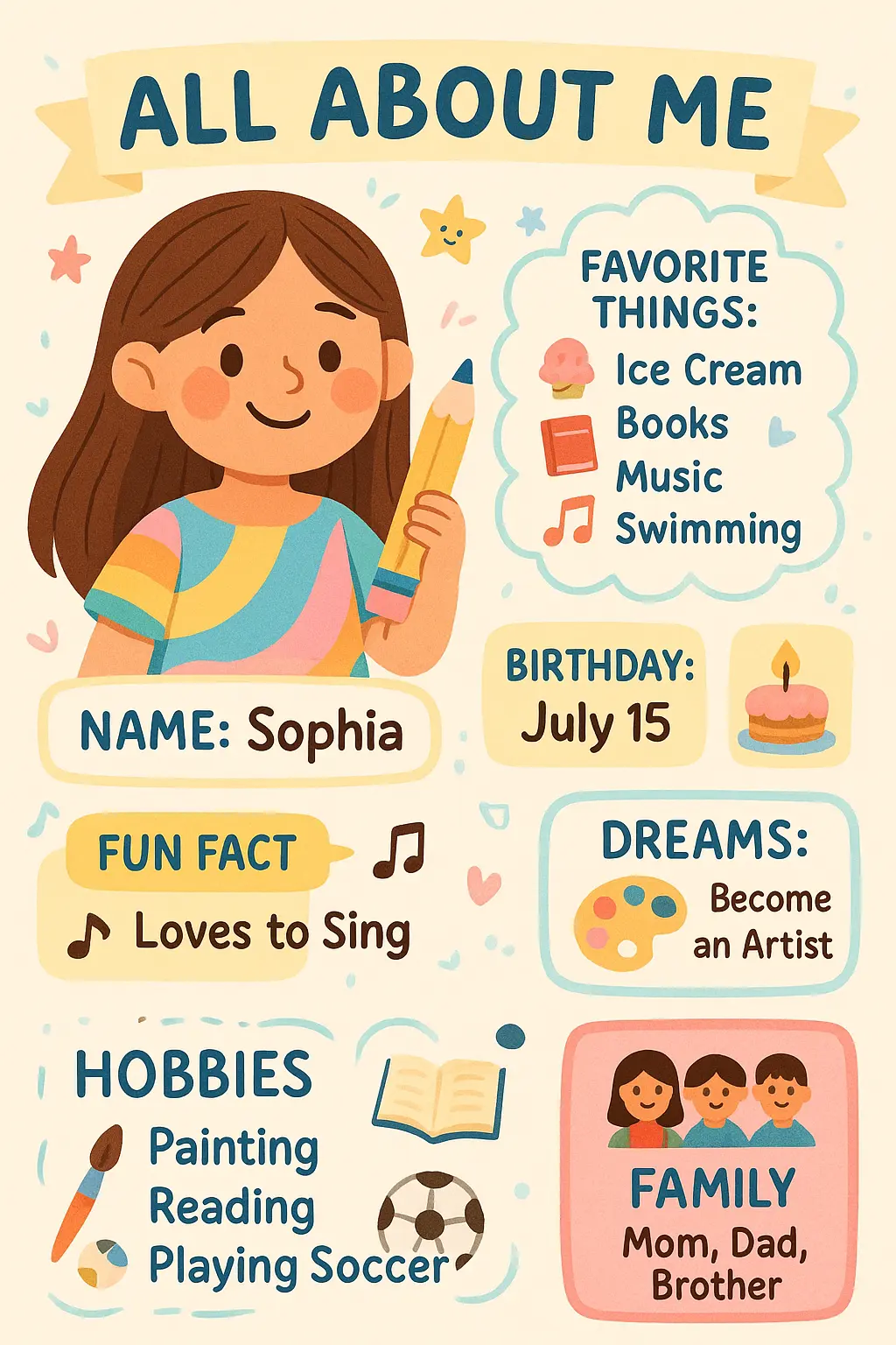 All About Me Poster template featuring a personalized character and colorful sections