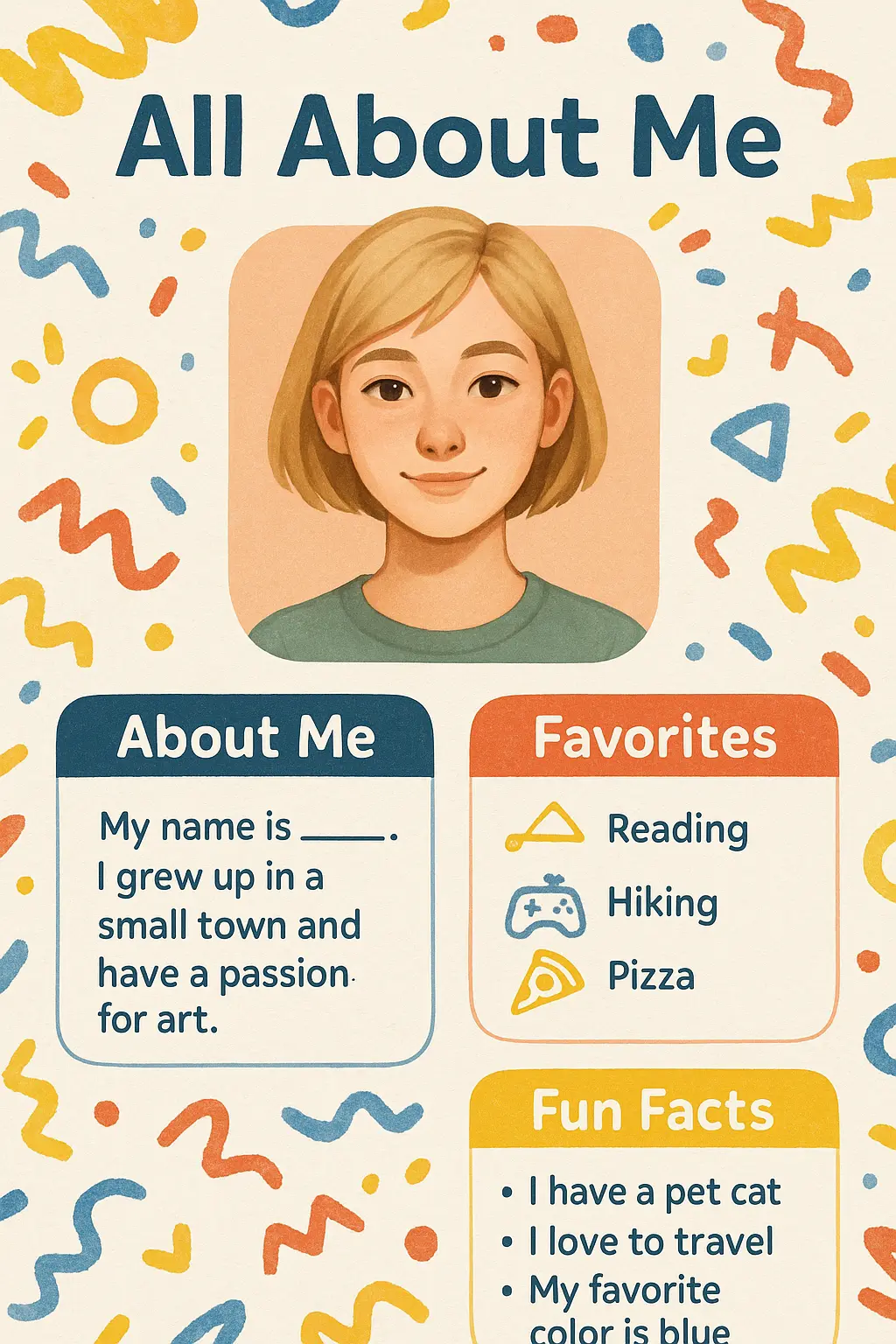 All About Me Poster template with colorful abstract shapes and a self-portrait