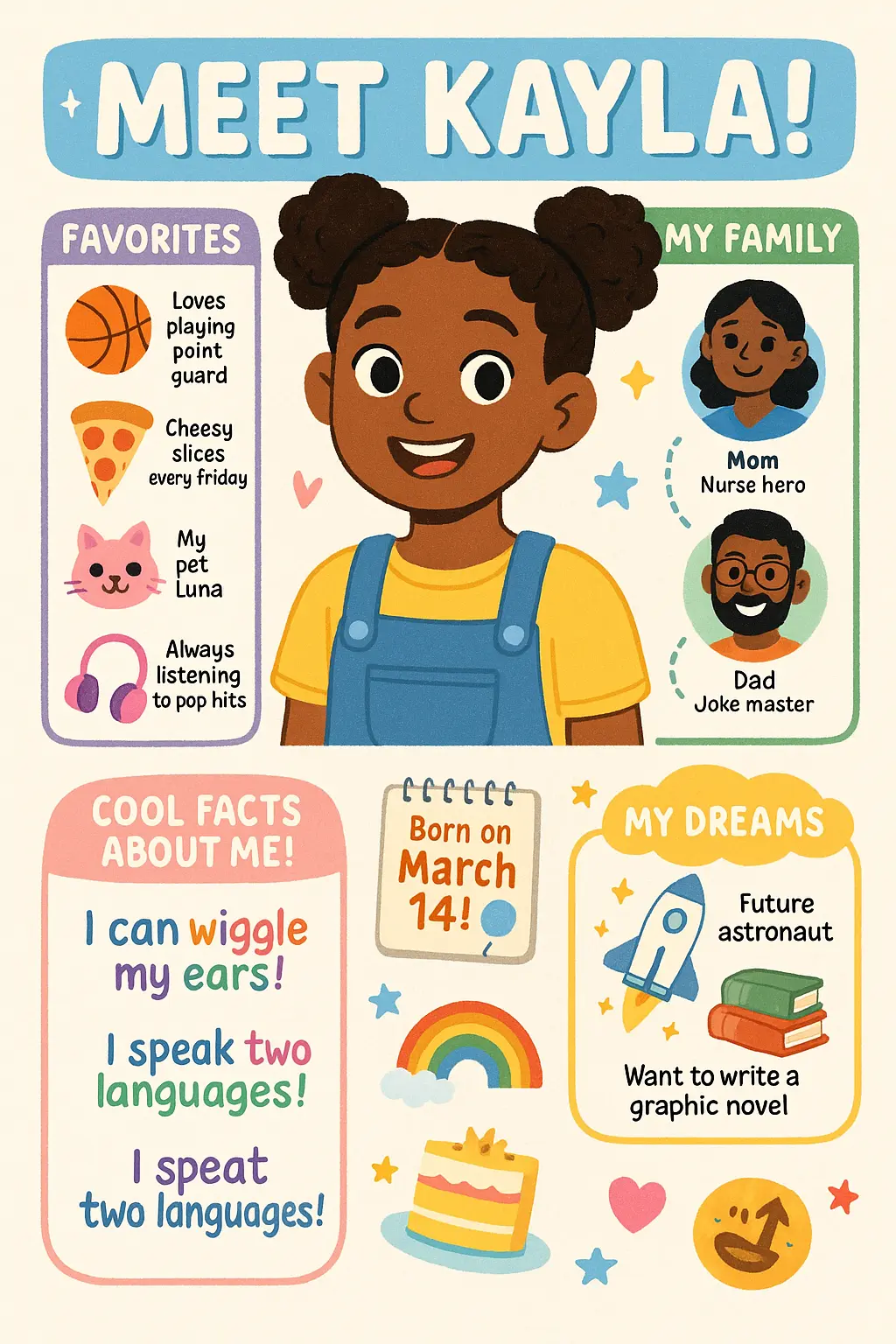 Colorful All About Me Poster template with fun illustrated sections