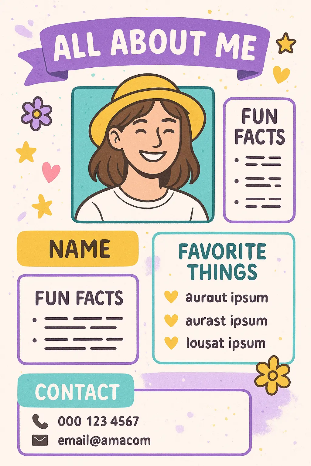 All About Me Poster template with a self-portrait and playful design