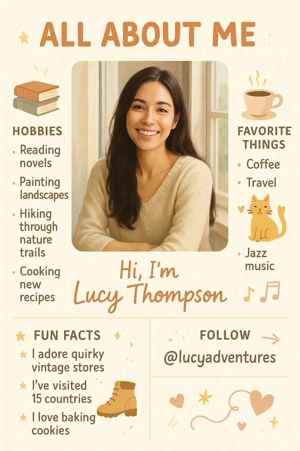 All About Me Poster template with a self-portrait and personalized sections.