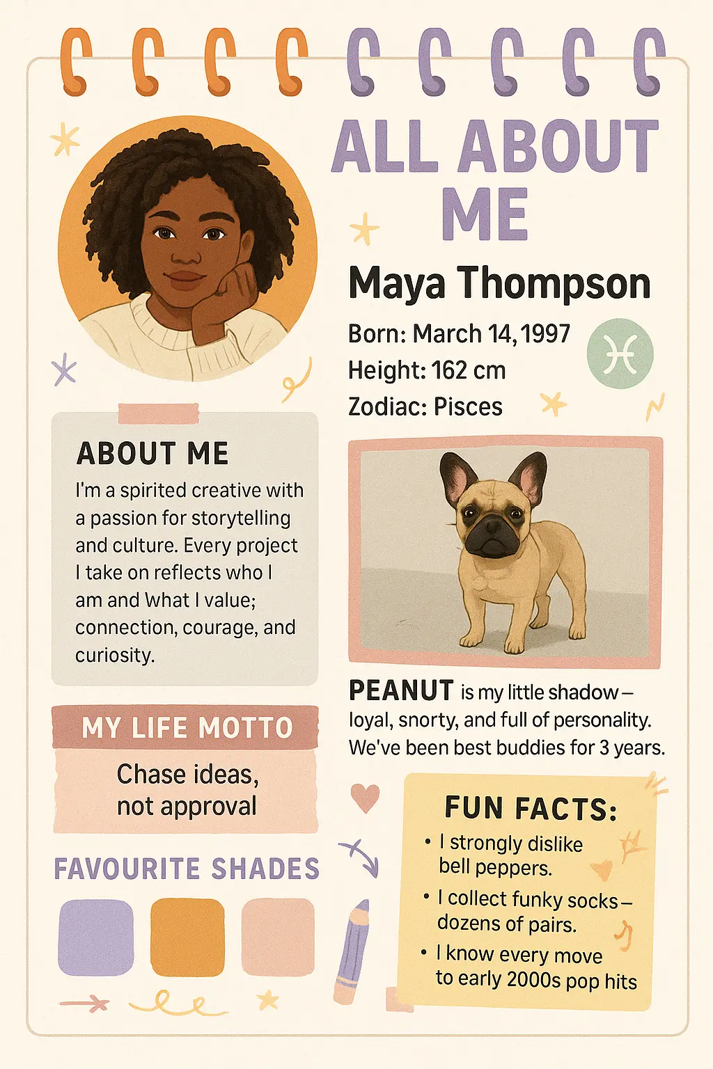 Playful All About Me Poster template with colorful illustrated layout