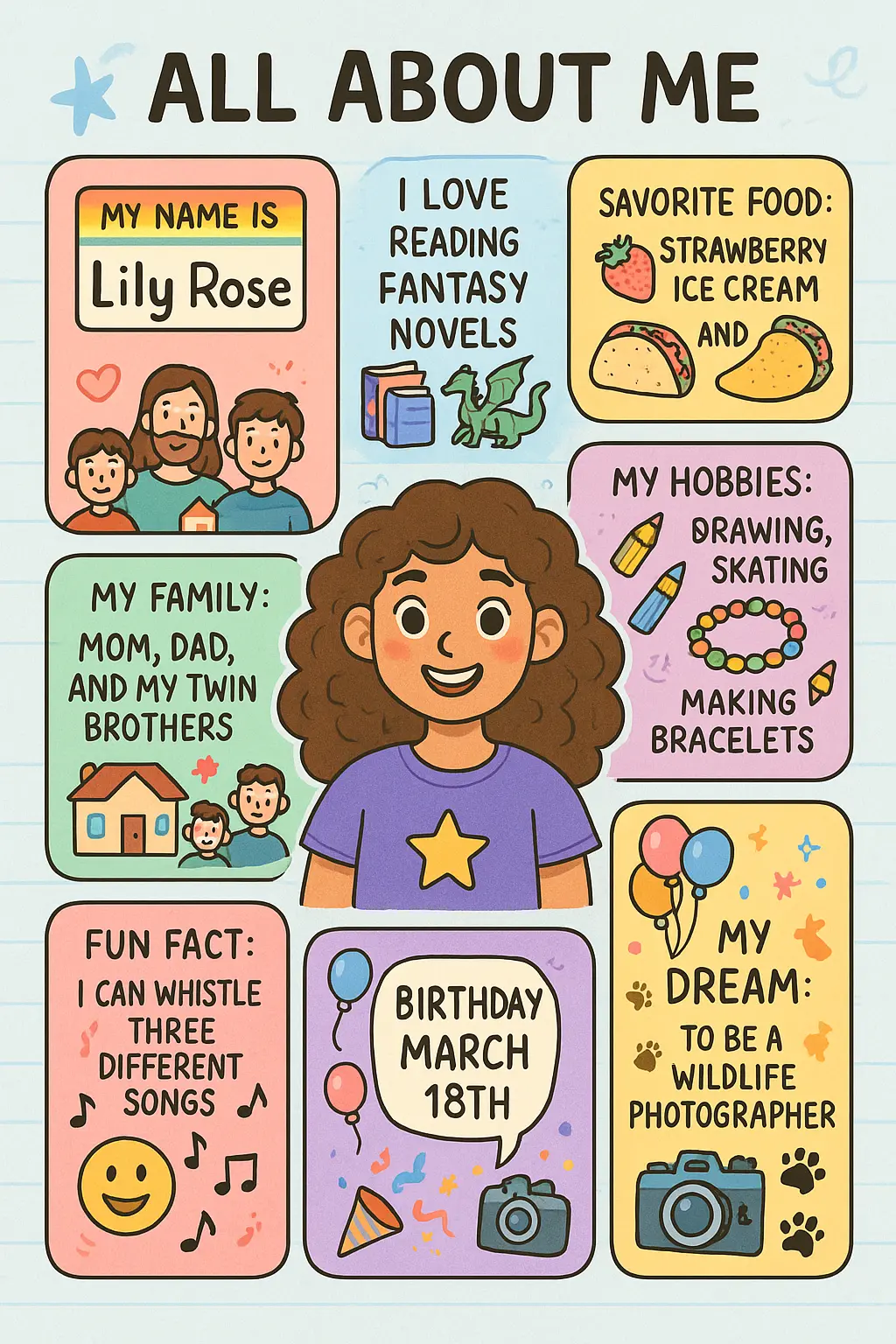 Colorful All About Me Poster template with playful illustrated sections