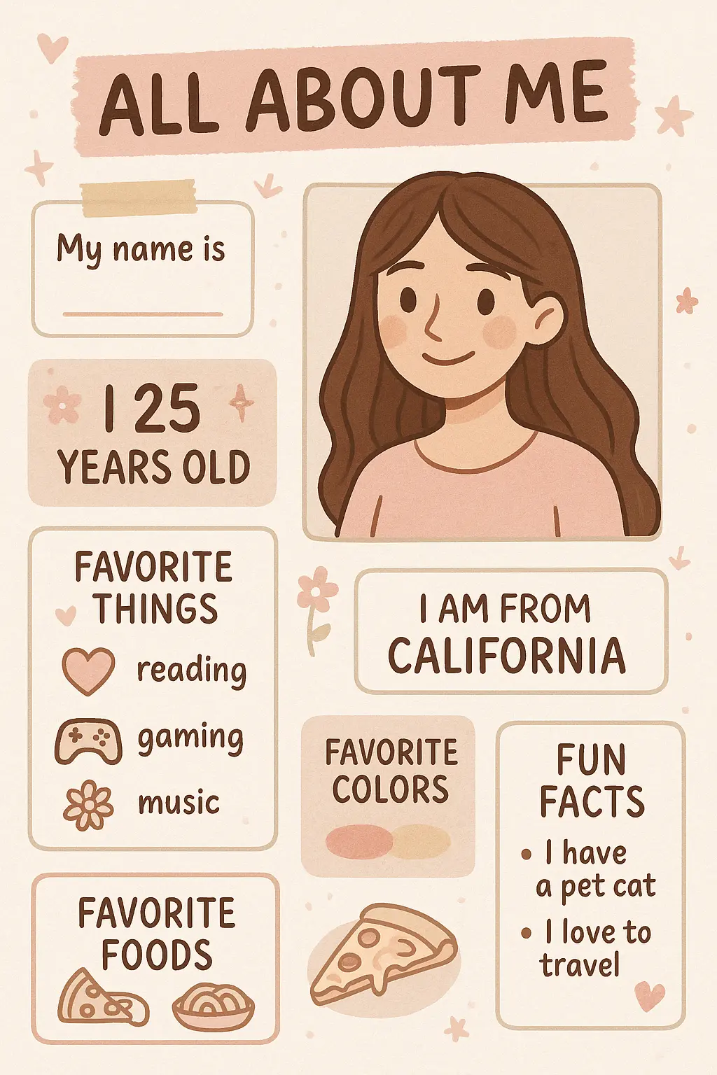 All About Me Poster template with pastel colors and playful doodles