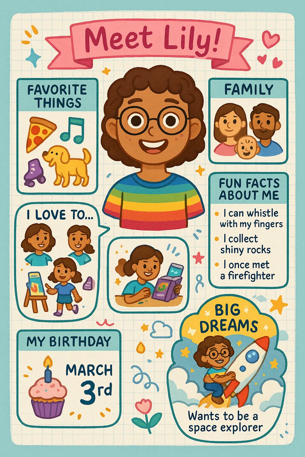 Colorful All About Me Poster template with kid-friendly illustrations