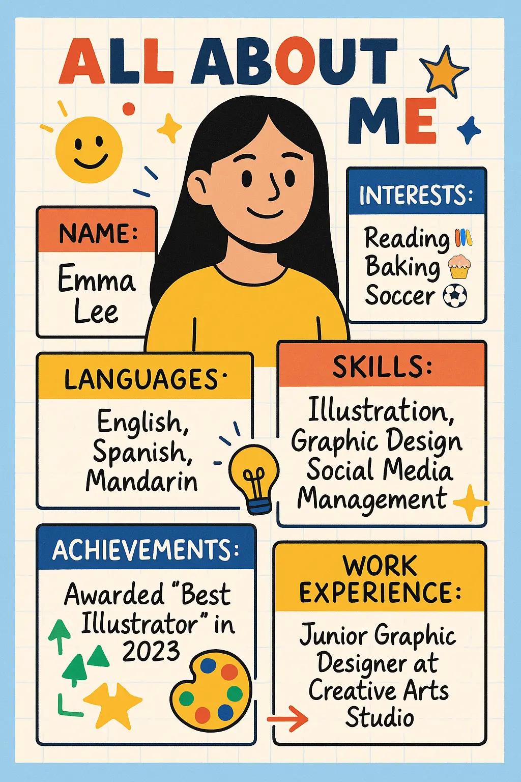 All About Me Poster template featuring a cartoon character with personal details