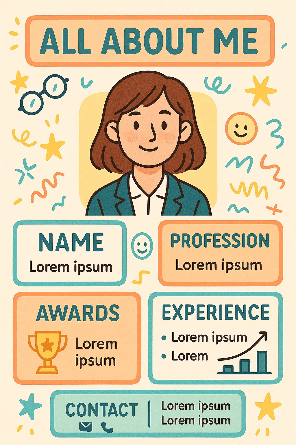 All About Me Poster template featuring a professional self-introduction with vibrant doodles