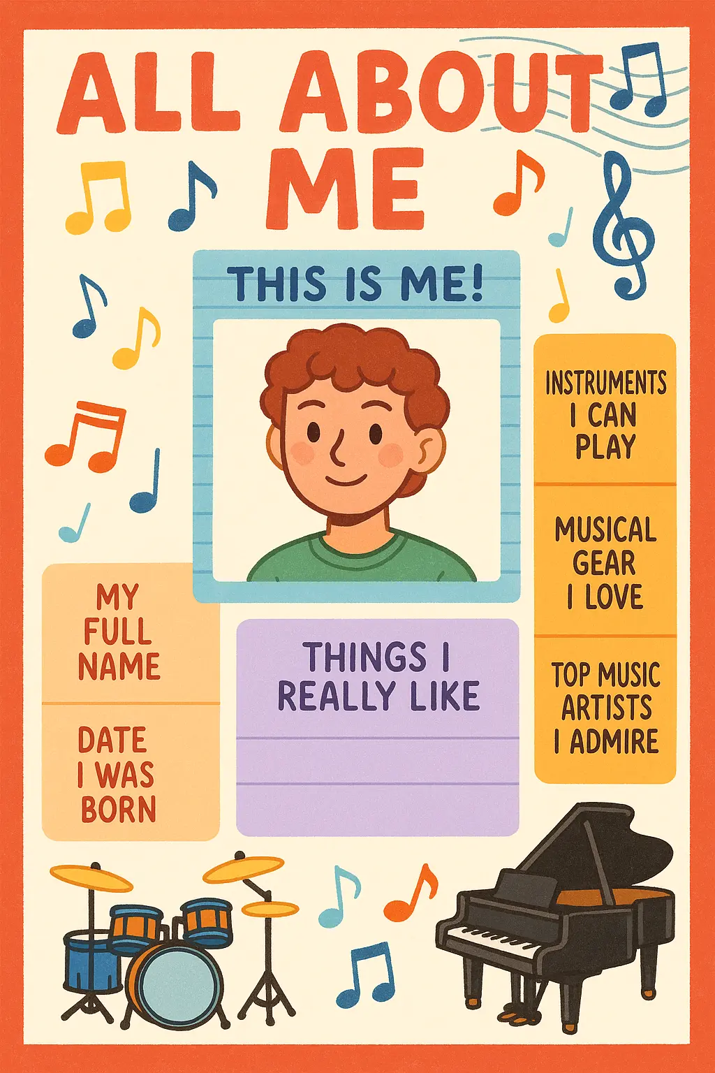 Colorful All About Me Poster template with musical theme