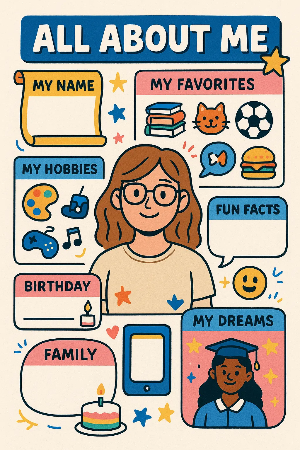 All About Me Poster template featuring colorful sections, icons, and doodles.
