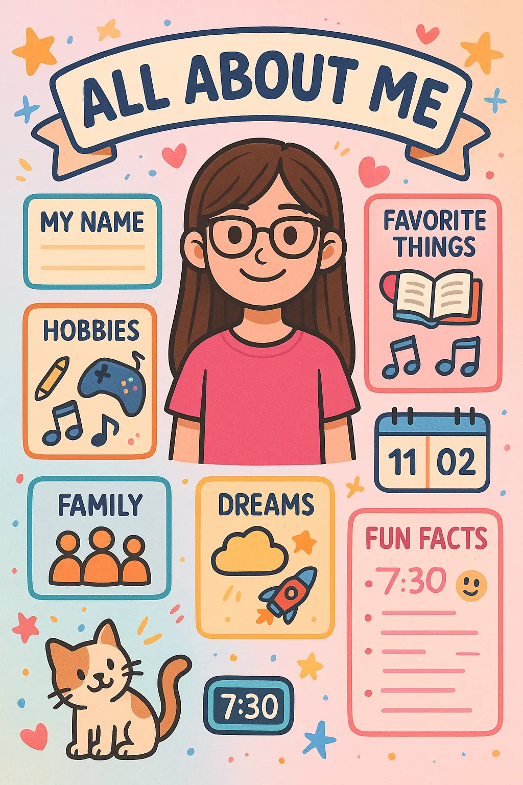 All About Me Poster template featuring a colorful, playful design with sections for personal information.