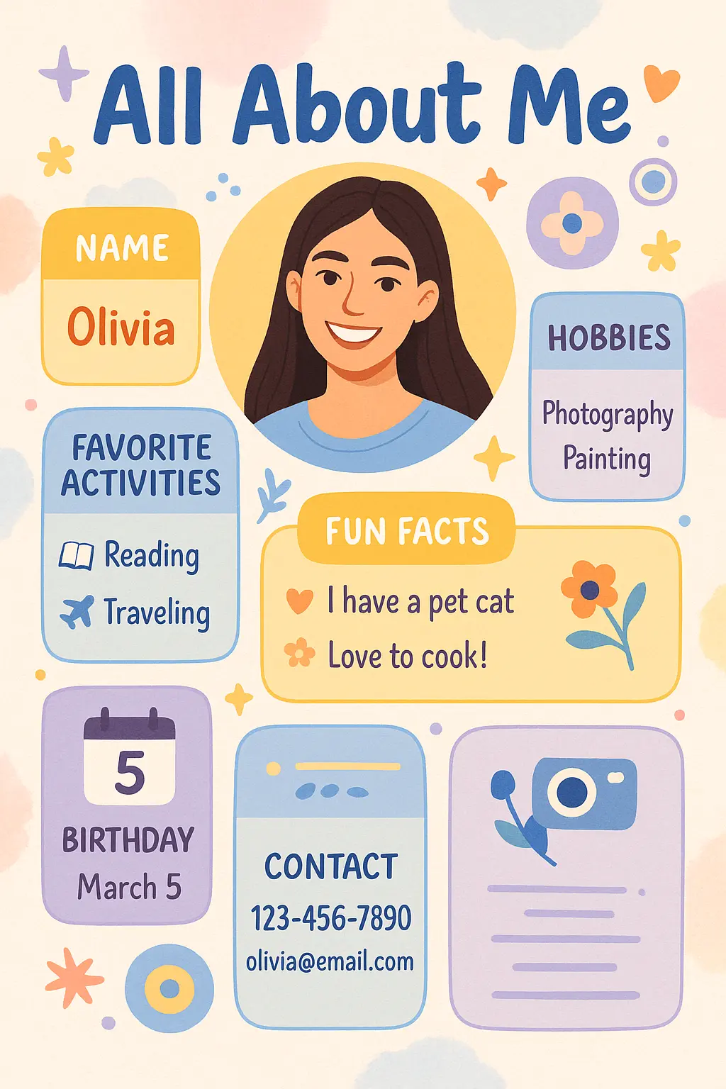 All About Me Poster template featuring a smiling woman, personalized sections, and colorful abstract patterns