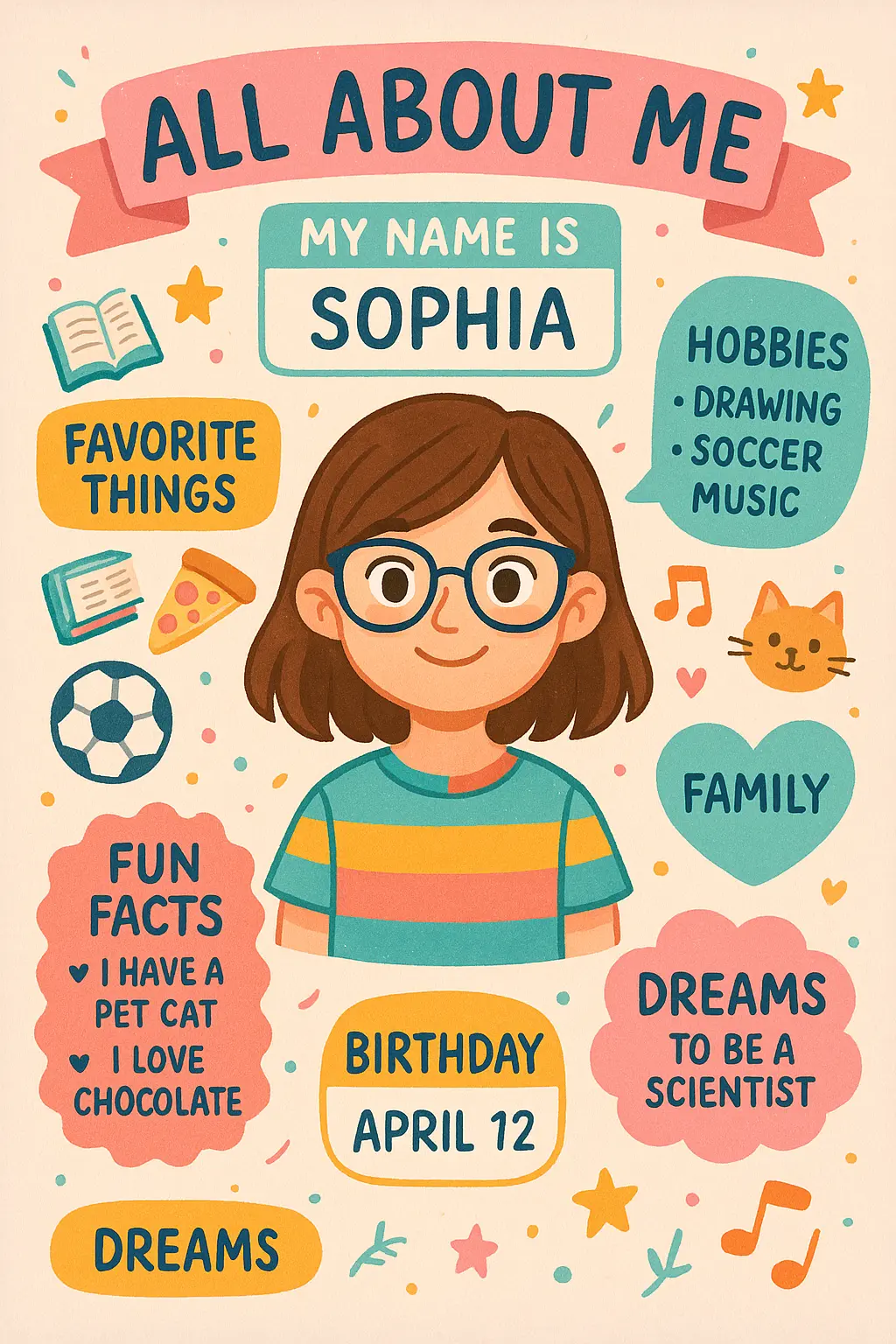 Colorful All About Me Poster template with playful layout and personalized sections