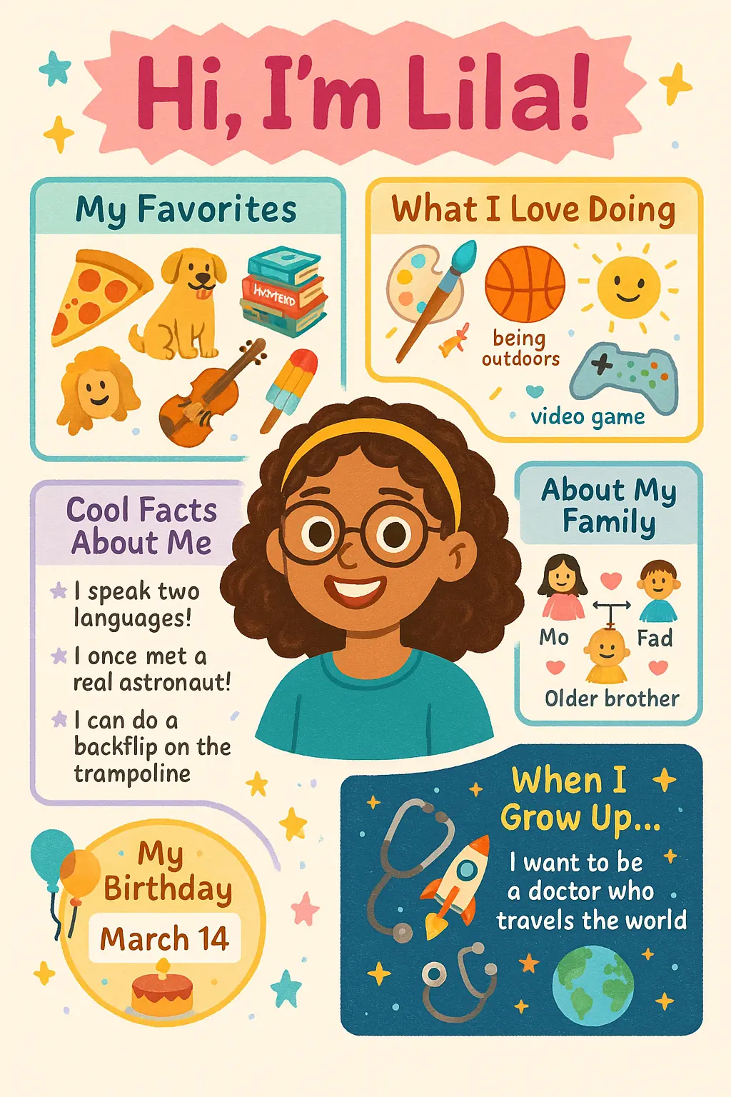 Colorful All About Me Poster template with illustrated sections