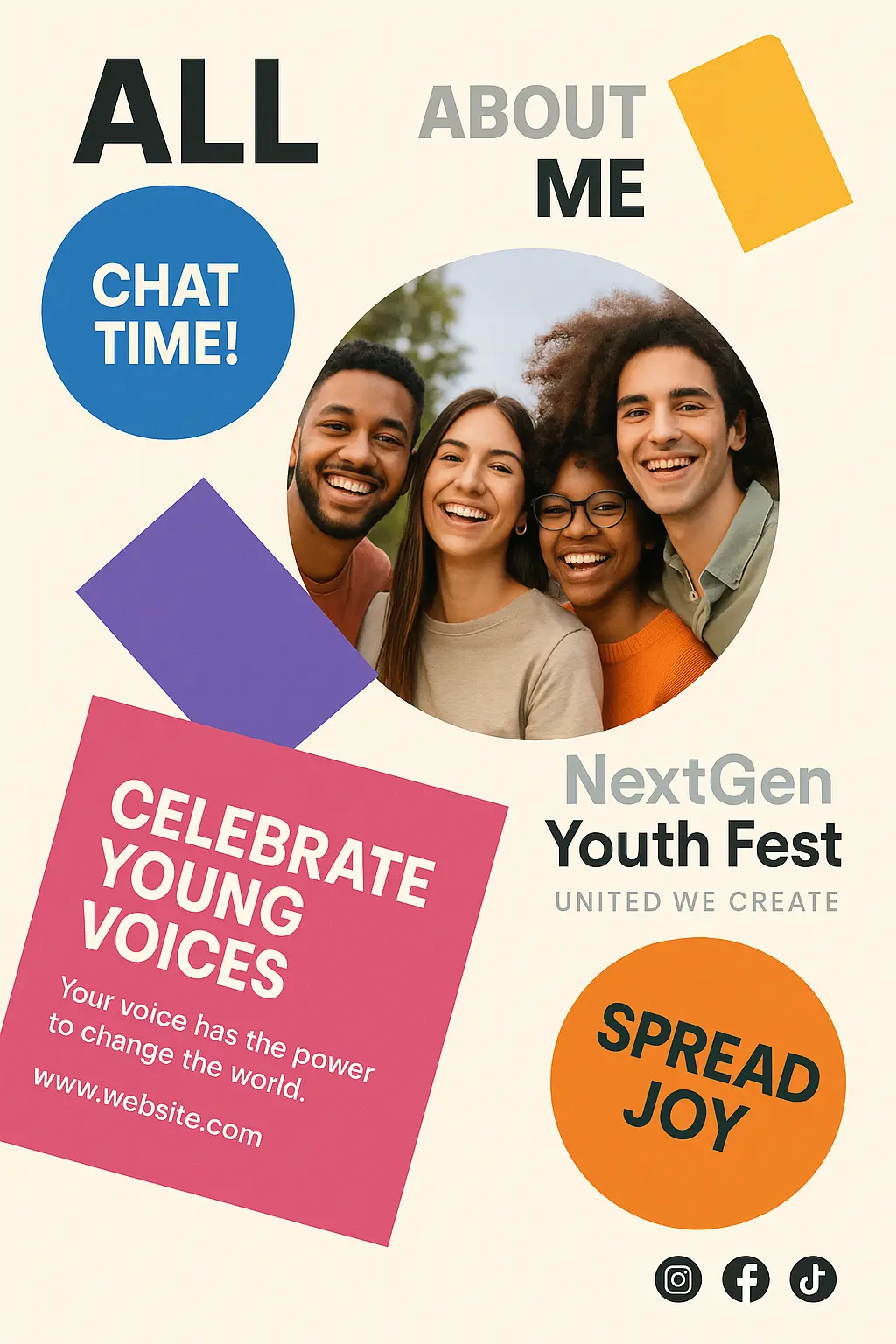 Colorful All About Me Poster template with youth group photo and bold shapes