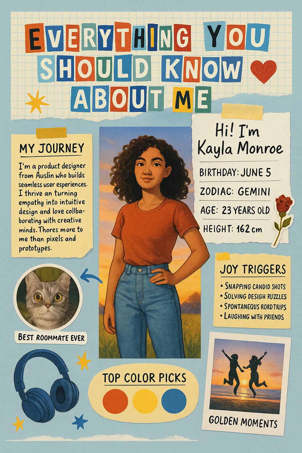Colorful All About Me Poster template with collage and handwritten elements