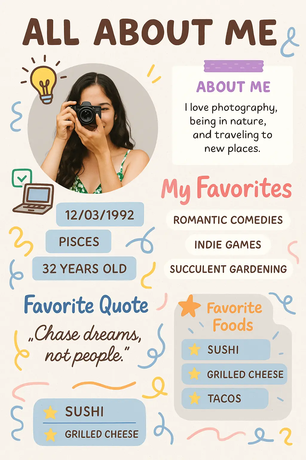 Colorful All About Me Poster template with photo and favorites