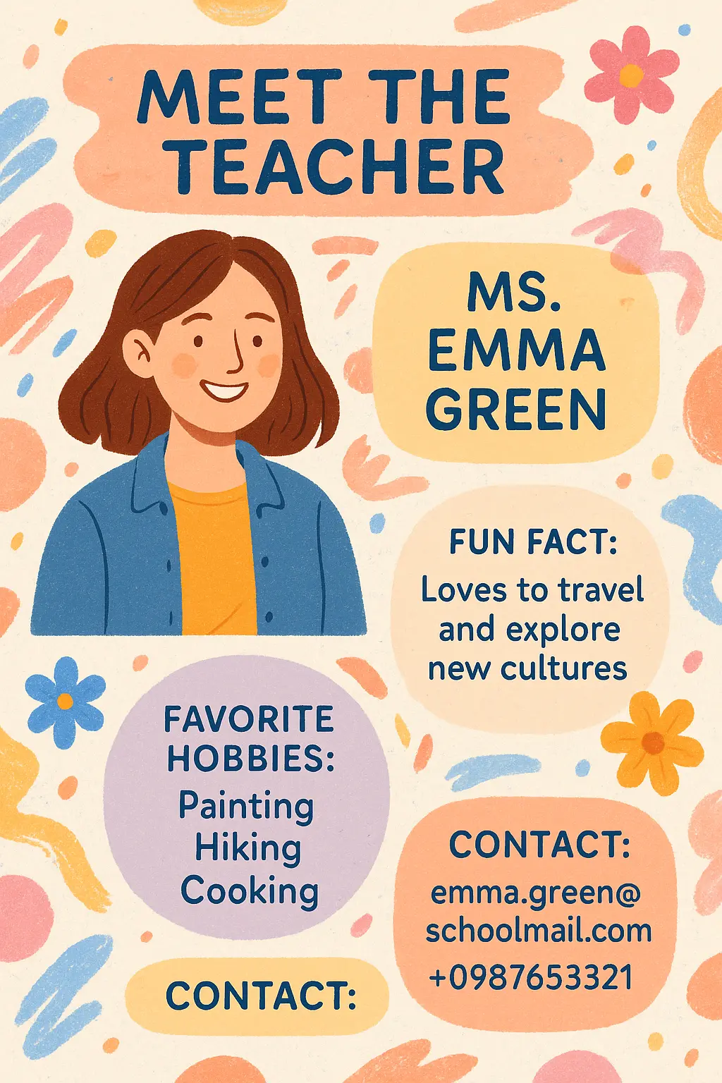 All About Me Poster template featuring a smiling teacher with colorful abstract shapes.