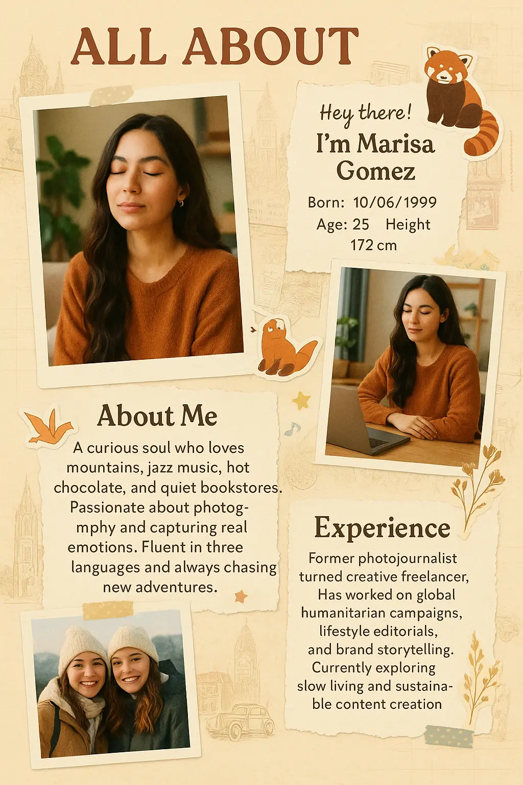 Modern scrapbook-style All About Me Poster template with photos and travel accents