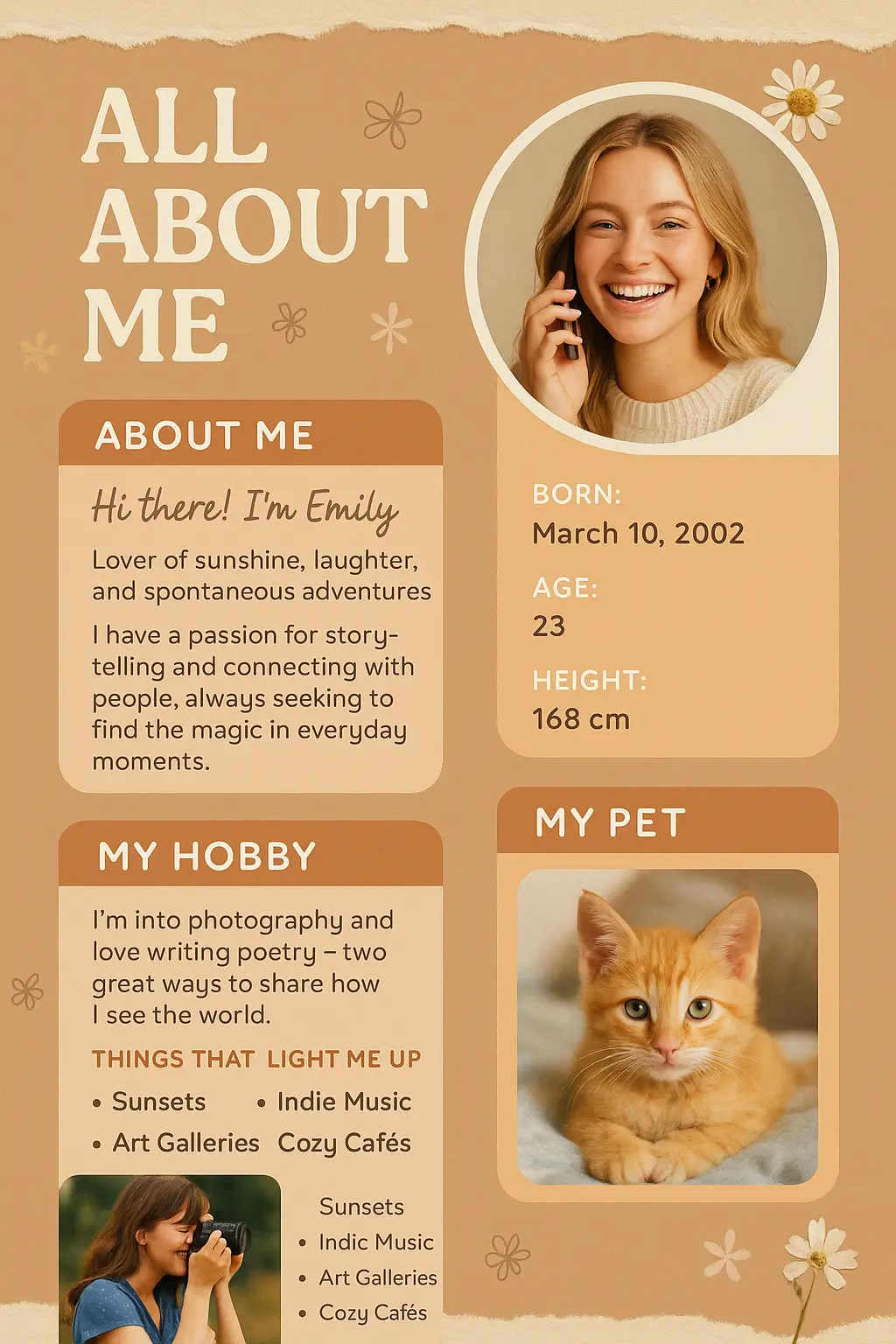 Playful All About Me Poster template with hobbies, bio, and pet photos