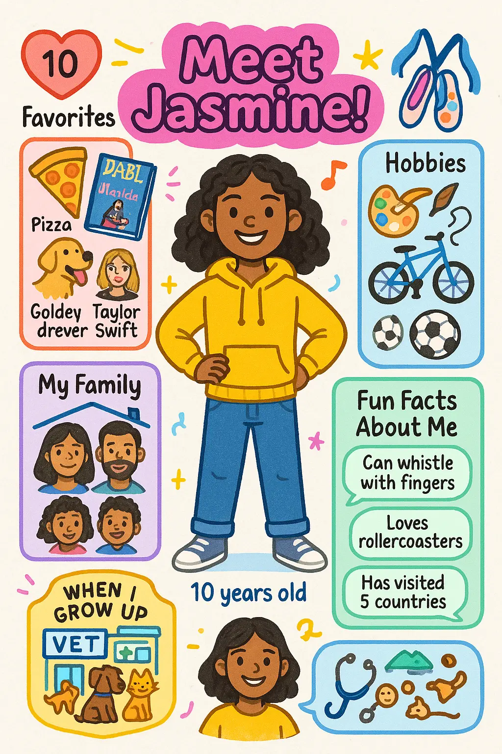 Colorful All About Me Poster template with cartoon character and doodles