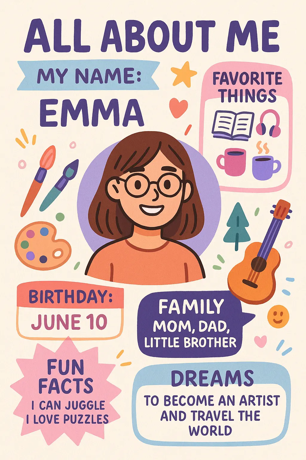 All About Me Poster template featuring a teen girl with hobbies, family, and dreams.